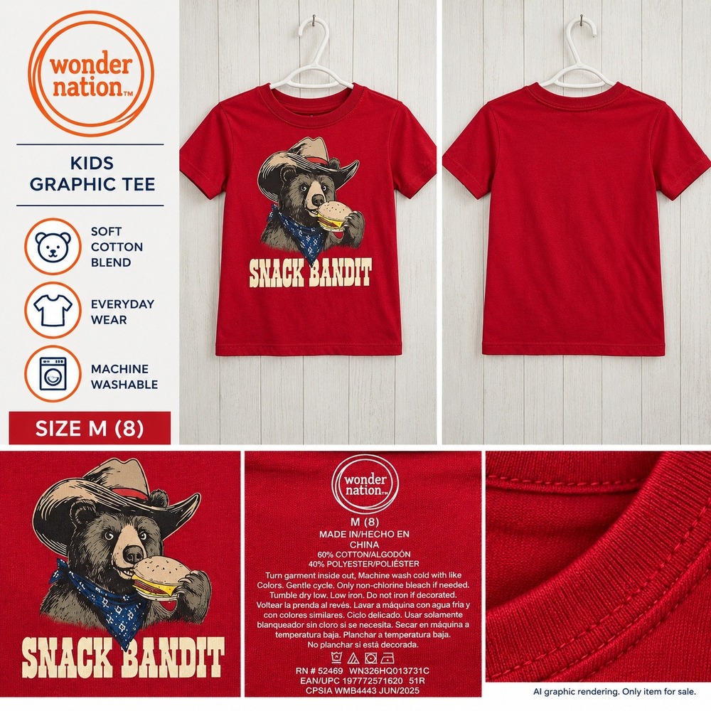 Wonder Nation Size M 8 Graphic Tee Red Snack Bandit Bear Cowboy Western Shirt